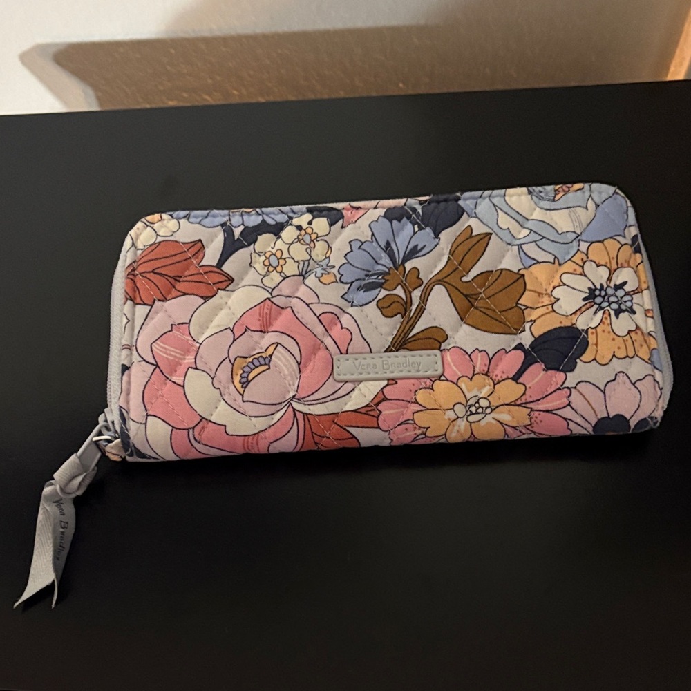 Vera Bradley Floral Quilted Zip-Around Wallet in Pink, Blue & Cream